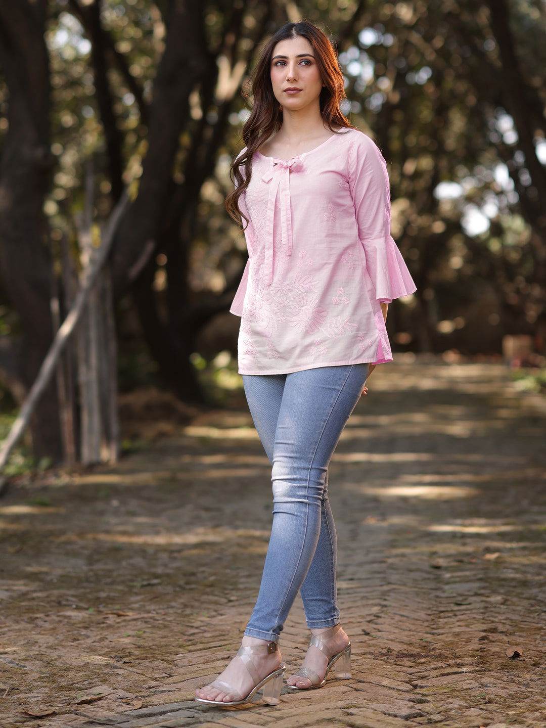 IQRA Chikankari Cotton Bell Sleeves Top - KRI CHIKANKARI